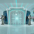 Futuristic Space Station Interior With Illuminated Central Door And Two Astronauts