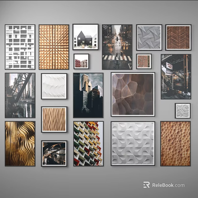 Creative Photo Wall With Mixed Pattern Frames And Urban Art Prints 3d model
