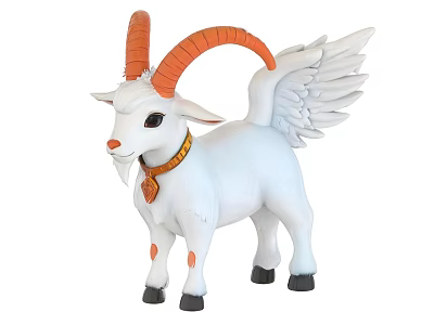 White Goat Figurine With Orange Horns Wings Golden Collar And Red Ornament 3d model