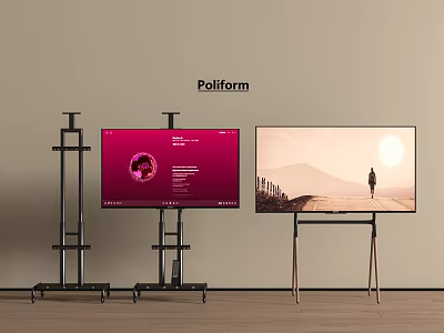 Pollform Two TVs on Stands with Red Screen and Scenic View Featuring Person 3d model