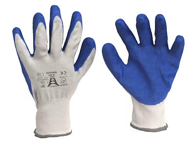 Blue And White Protective Gloves Featuring Palm Finger Coating White Mesh And Label 3d model