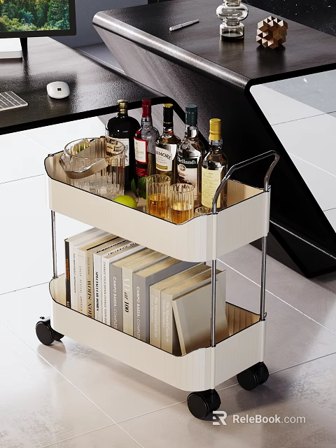 Modern Mobile Storage Shelf with Wine Bottles Glasses on Top and Books on Lower Shelf 3d model 