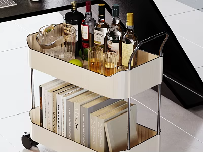 Modern Mobile Storage Shelf with Wine Bottles Glasses on Top and Books on Lower Shelf 3d model