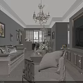 Elegant Living and Dining Room Interior With White Sofa Coffee Table And Chandelier