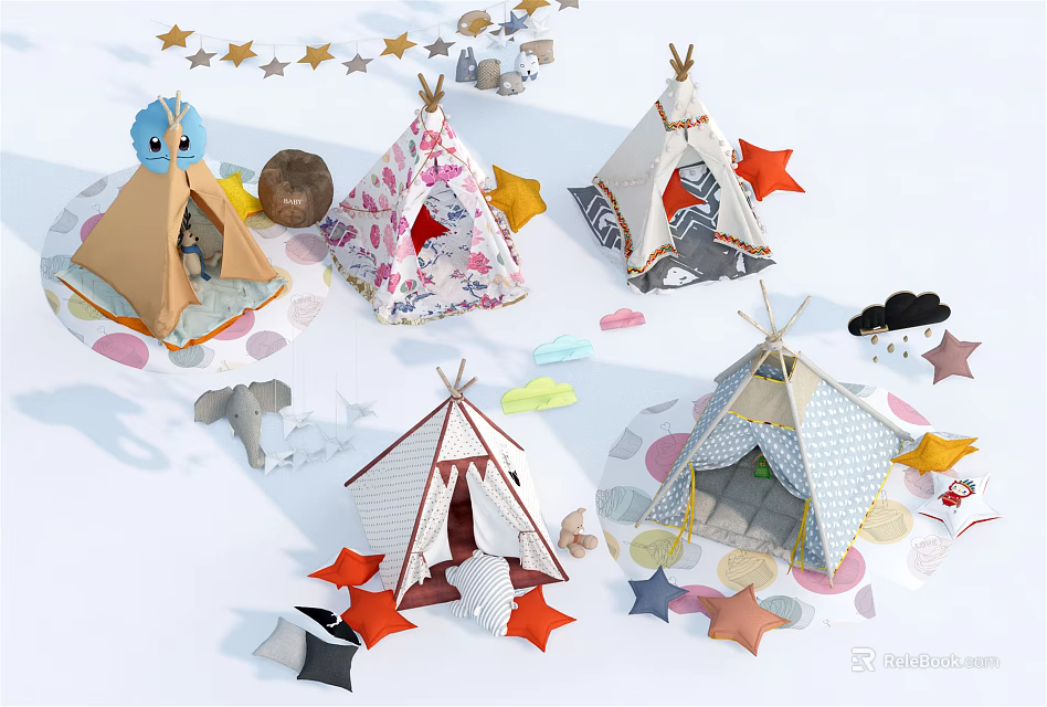 Cute Kids Play Tents With Various Designs Colorful Star Decorations And Animal Plush Toys 3d model 