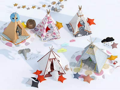 Cute Kids Play Tents With Various Designs Colorful Star Decorations And Animal Plush Toys 3d model