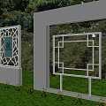 Garden Landscape with Gray Walls Intricate Decorative Windows Natural Motifs Green Trees and Small Plants