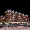 Red Brick Multistory School Building With White Windows Green Trees And Lawn Under Blue Sky