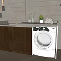 Modern Laundry Room With Wooden Cabinet White Washing Machine Sink And Green Plants