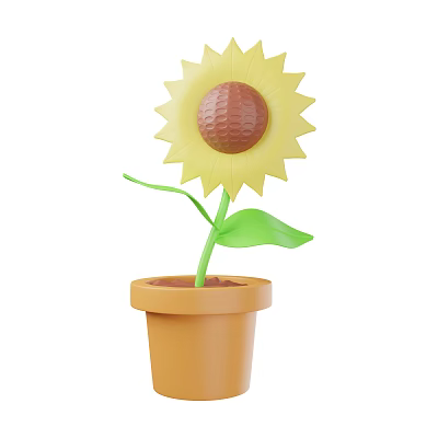 Vibrant Sunflower Bonsai Potted Plant with Yellow Petals Green Stem and Brown Pot 3d model