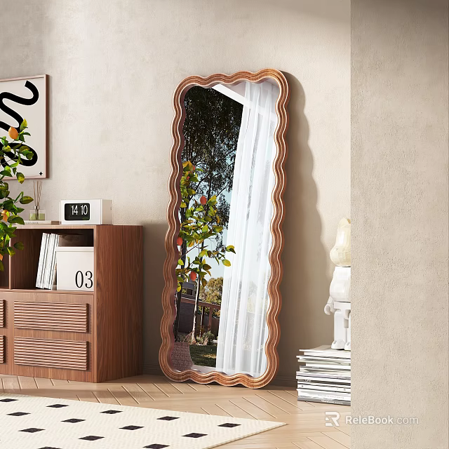 Scalloped Edge Wooden Frame Mirror Reflected Tree And Curtain In Room With Bookshelf And Plants 3d model 