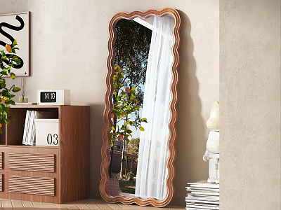 Scalloped Edge Wooden Frame Mirror Reflected Tree And Curtain In Room With Bookshelf And Plants 3d model