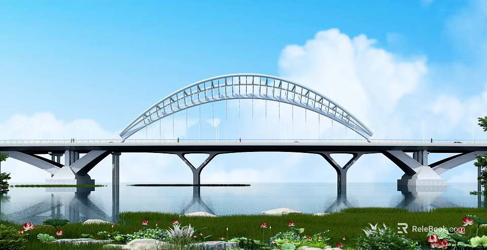 Modern Arch Bridge Over Water With Blue Sky White Clouds Green Grass And Lotus Flowers 3d model 