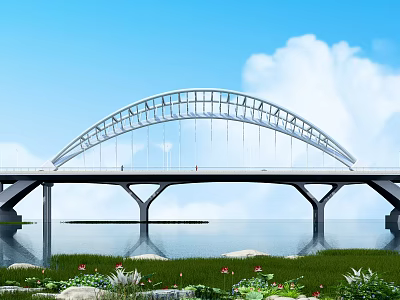 Modern Arch Bridge Over Water With Blue Sky White Clouds Green Grass And Lotus Flowers 3d model