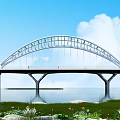 Modern Arch Bridge Over Water With Blue Sky White Clouds Green Grass And Lotus Flowers