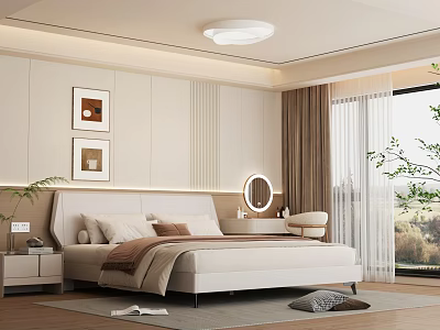 Modern Bedroom Interior Design With White Bed Bedside Tables Wall Art Round Mirror Window Curtains 3d model