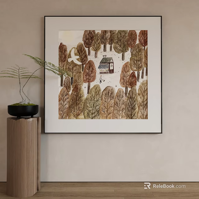 Abstract Painting With Forest Trees And Small Cabin In Earthy Tones 3d model 