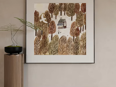 Abstract Painting With Forest Trees And Small Cabin In Earthy Tones 3d model