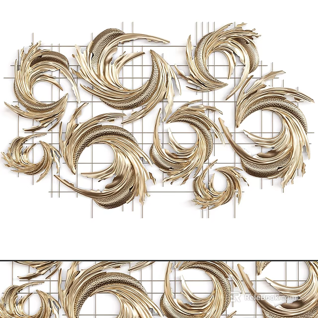 Modern Golden Feather Shaped Spiral Wall Decor With Metal Grid Frame 3d model