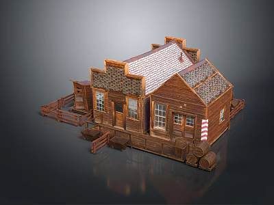 Rustic Log Cabin With Shingled Roof Windows Porch Fence And Barrels 3d model