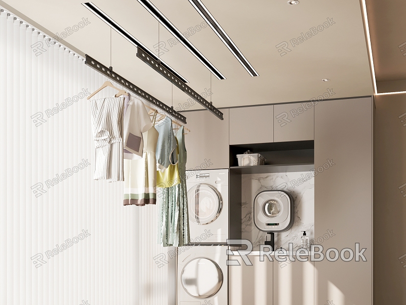 Modern Drying Rack Cream Balcony Laundry Cabinet Washing Machine Wall-mounted Washing Machine Invisible Drying Rack Clothes Rod model