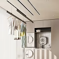 Modern Clothes Hanger with Hanging Garments Washing Machine Dryer and Cabinets in Interior