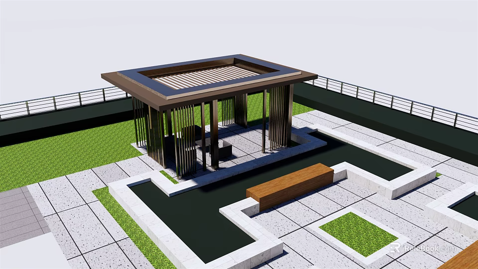 Modern Landscape Pavilion with Wooden Roof Lattice Design on Stone Pavement and Green Lawn Bench 3d model 