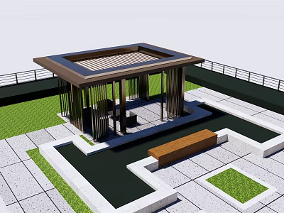 Modern Landscape Pavilion with Wooden Roof Lattice Design on Stone Pavement and Green Lawn Bench 3d model