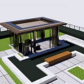 Modern Landscape Pavilion with Wooden Roof Lattice Design on Stone Pavement and Green Lawn Bench