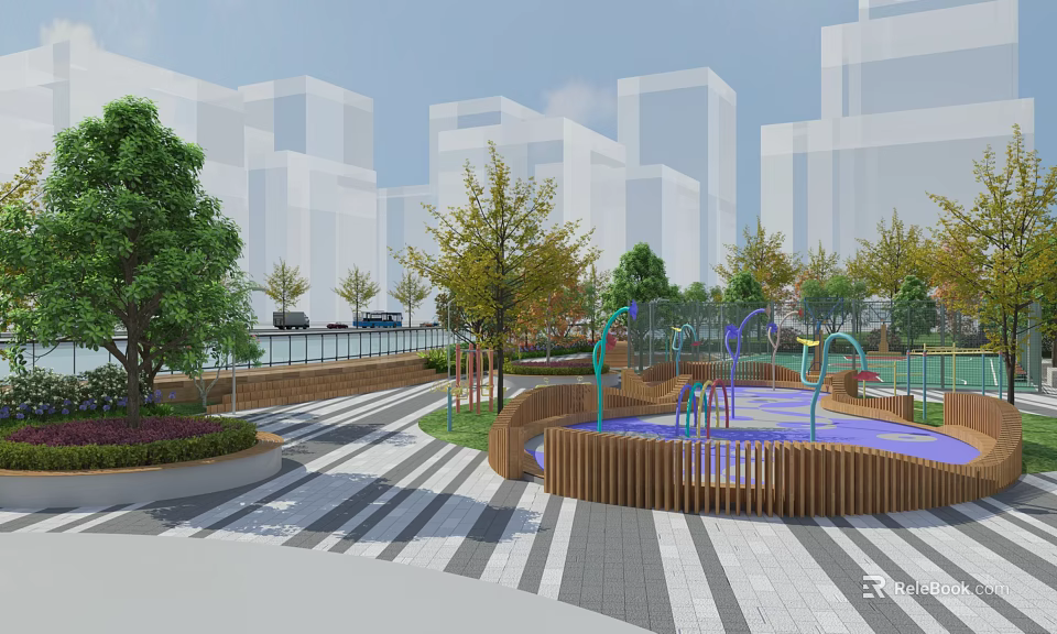 Urban Park Landscape With Colorful Children's Playground Striped Pavement And Trees Against Modern Buildings Background 3d model 