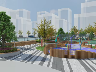 Urban Park Landscape With Colorful Children's Playground Striped Pavement And Trees Against Modern Buildings Background 3d model
