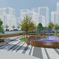 Urban Park Landscape With Colorful Children's Playground Striped Pavement And Trees Against Modern Buildings Background