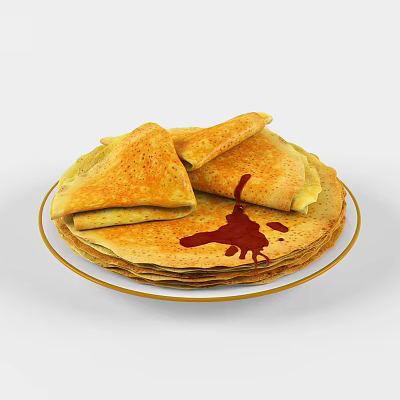 Stack of Delicious Golden Pancakes with Drizzled Sauce on White Plate 3d model