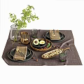 Stylish Dinnerware Set Including Plates Napkins Cutlery Avocado Nuts Glasses Vase Greenery on Linen Placemat