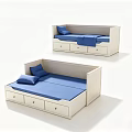 Double Bed with White Frame Blue Mattress Guardrails and Underbed Storage Drawers