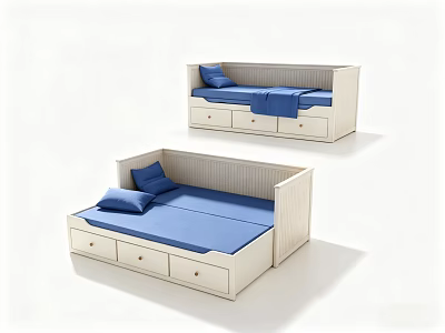 Double Bed with White Frame Blue Mattress Guardrails and Underbed Storage Drawers 3d model