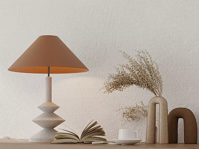 Modern Table Lamp Brown Shade White Base with Open Book White Cup Dried Flowers 3d model