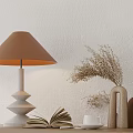 Modern Table Lamp Brown Shade White Base with Open Book White Cup Dried Flowers