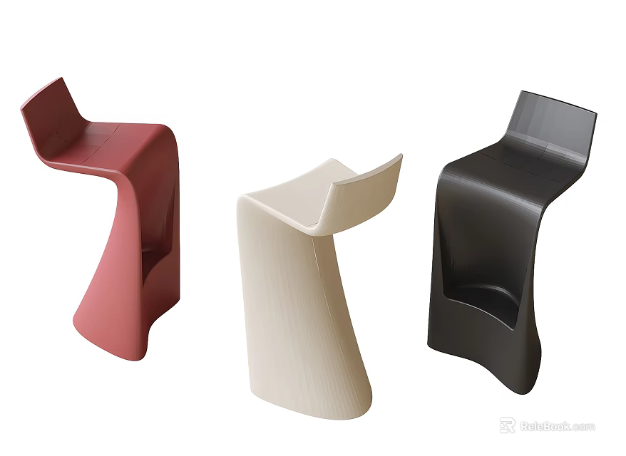 Modern Curved Design Bar Stools in Red Beige and Black Colors 3d model