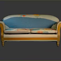 Spacious Vintage Sofa With Curved Armrests Colorful Floral Cushions And Light Wooden Legs
