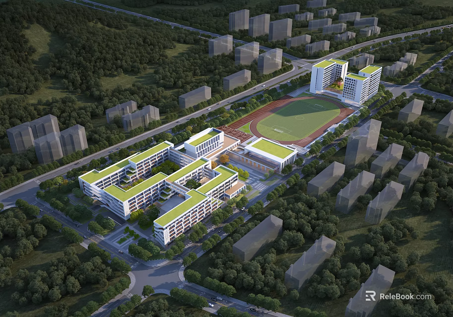 Modern School Campus Building with Green Roofs Surrounded by Trees and Sports Field 3d model 