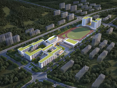 Modern School Campus Building with Green Roofs Surrounded by Trees and Sports Field 3d model