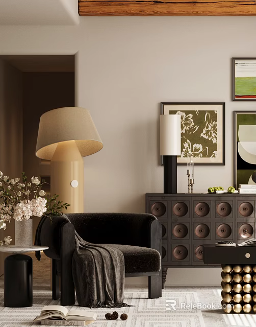Black Lounge Chair With Beige Table Lamp White Flowers And Decorative Paintings Near Dark Cabinet 3d model 