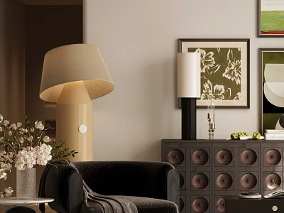 Black Lounge Chair With Beige Table Lamp White Flowers And Decorative Paintings Near Dark Cabinet 3d model