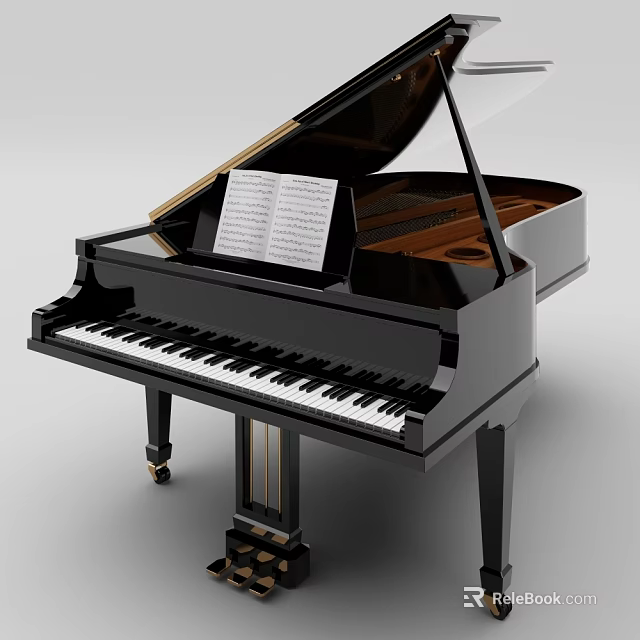 Elegant Black Grand Piano With Open Lid And Music Sheet On Keys 3d model 