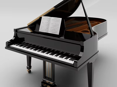Elegant Black Grand Piano With Open Lid And Music Sheet On Keys 3d model