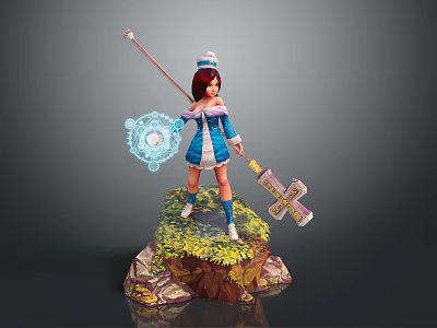 Red Haired Character With Blue White Outfit Holding Staff And Glowing Magic On Mossy Base 3d model