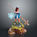 Red Haired Character With Blue White Outfit Holding Staff And Glowing Magic On Mossy Base