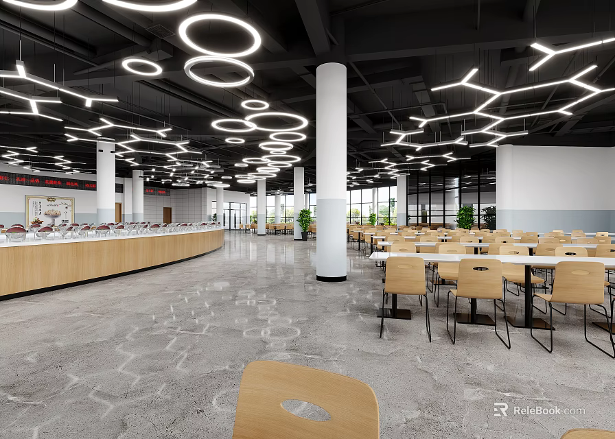 School Cafeteria Modern Design With Stylish Lighting And Seating 3d model