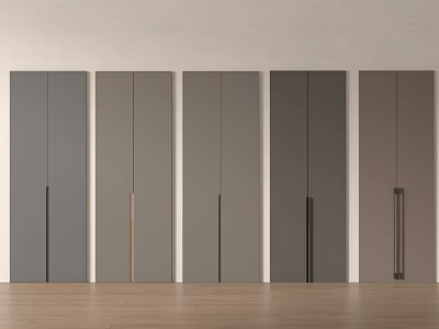 Minimalist Wardrobe Doors in Neutral Tones with Various Handle Designs on Light Wall Wooden Floor 3d model